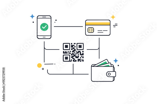 Digital payment ecosystem. A set of icons showing phone, card, QR code, and wallet connected by simple lines, representing multiple payment methods. The