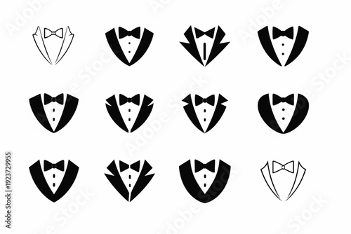 Black tie tuxedos. Icon set. Set Logo of Black tie tuxedos: bow tie and lapel. harmonious logo variations of the same emblematic concept,