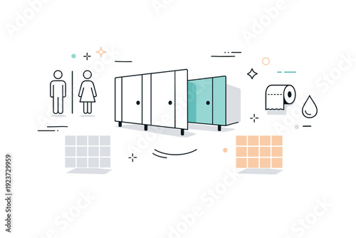 Public restrooms minimalism. Abstract editorial composition of restroom icons, partitions, and tiled textures floating with clean spacing.