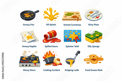 KitchenMess. Colorful flat vector icons set of kitchen mess: greasy pan, oil splash, stained countertop, dirty plate, greasy napkin, spilled