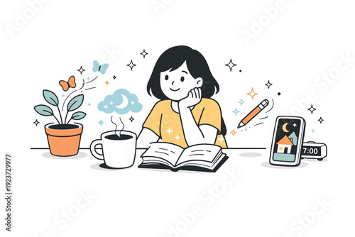 Everyday magic. A friendly editorial scene where ordinary objects subtly transform into something magical, surrounded by gentle sparkles. The