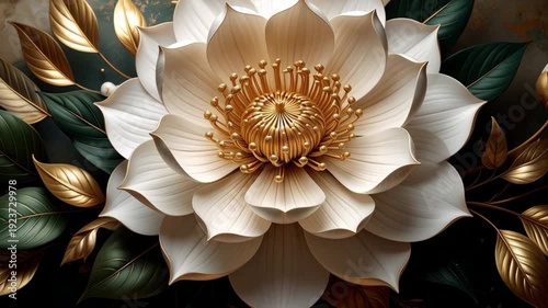 Luxurious Golden Lotus Flower with Green Leaves and Rich Texture