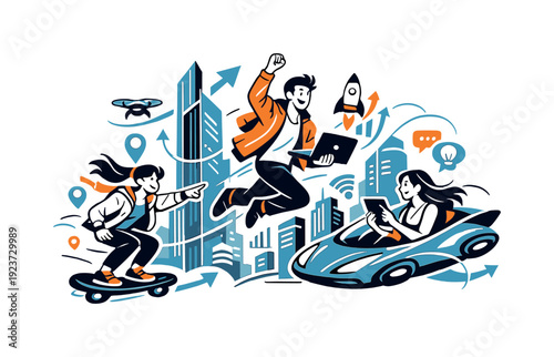 Futuristic cities. Tall sleek skyscrapers with glowing lines and flying vehicles moving