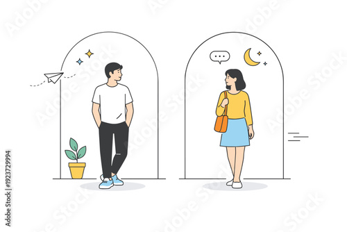 Arches and Strangers. People framed by arches. Two strangers framed by adjacent arches, not interacting. Shared structure, respectful distance, quiet social