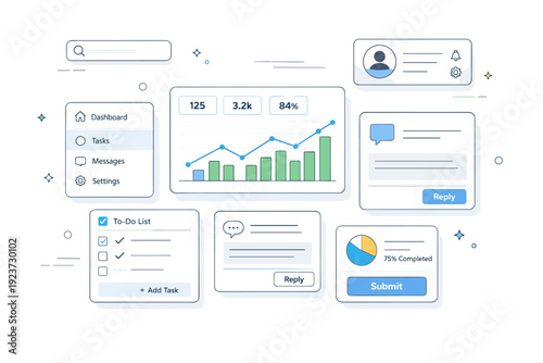 Abstract web platform layout. Floating interface blocks, buttons, and cards arranged in a balanced composition, representing a modern web