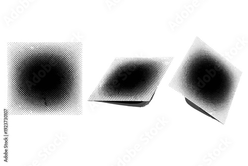 Halftone soft vignette fade background. A single soft vignette fade background shown in three views: flat view, perspective view, and rotated