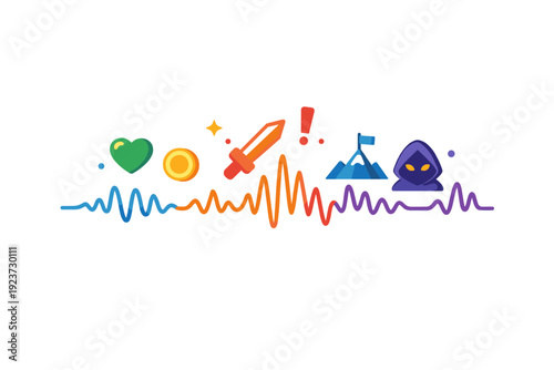 Video game soundtracks adaptive audio concept visualized as dynamic sound lines responding to gameplay symbols, reflecting interactivity,