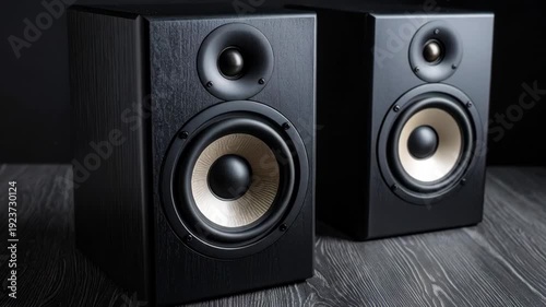Modern black bookshelf speakers with light beige woofers and dark wood texture.