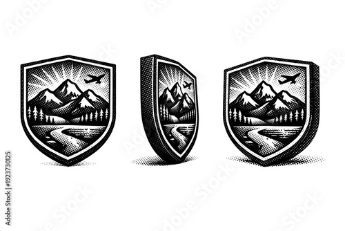 Travel Badge Trio. Travel adventure badge mark. A single travel adventure badge mark shown in three views: front view, side view, and three-quarter view,