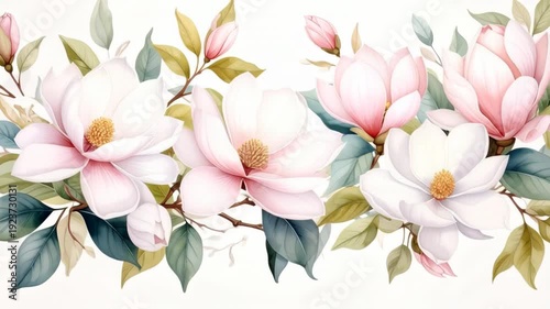 Soft pastel watercolor magnolia flowers and buds in a horizontal arrangement