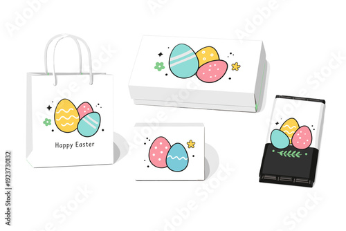Playful Easter packaging design. Minimal boxes and wraps with abstract egg graphics and light decorative motifs. Cheerful tone, spring joy, and