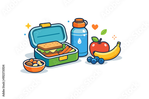 Choosing healthy snacks for work a balanced desk scene with a lunch box, fresh fruit, and nuts neatly arranged, expressing mindful choices and sustained daily