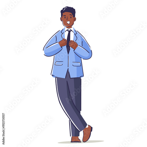 Self-confident businessman hand drawn character in suit standing isolated on white background
