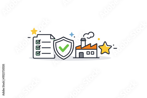 Ethical production verification icons. Simple icons of checklist, shield, factory, and star grouped together. Compliance, trust, and quality
