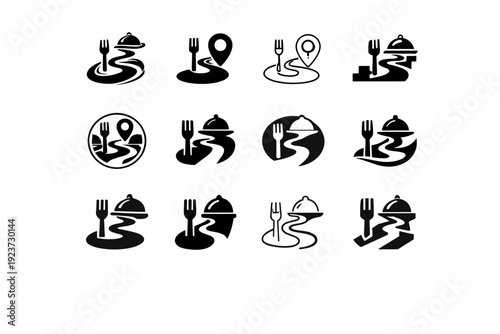 Food tasting tours. Icon set. Set Logo of Food tasting tours: culinary path symbol. harmonious logo variations of the same emblematic