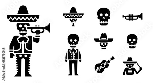 Mexican day of the dead icons: skeletons, sombreros, and musical instruments in flat style