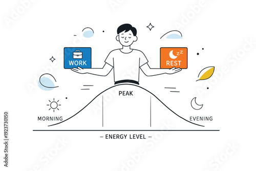 Energy management. A calm character balances work and rest blocks on a simple chart, visualizing personal energy levels throughout the day.