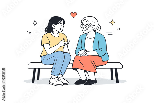 Women of different ages together. Younger and older women sit on a bench, bodies angled slightly toward each other. Quiet conversation and