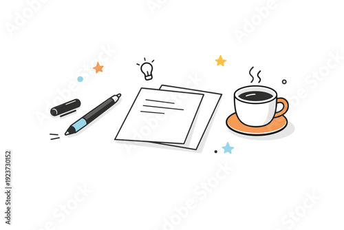 Ordinary objects storytelling. A simple desk setup with a pen left uncapped, paper slightly misaligned, and a coffee cup nearby. Incomplete action and quiet