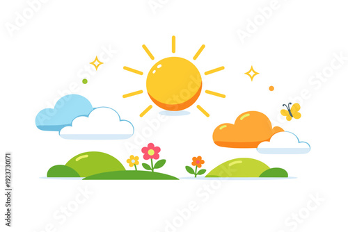 Spring video background optimistic seasonal design with simple sun rays, rounded clouds, and minimal sparkles, offering a bright and friendly background for