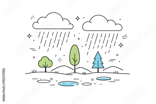 Minimal Rainy Landscape. Rainy weather illustration. A minimal landscape with clouds, rain lines and simple trees. Soft melancholy mixed with freshness, quiet