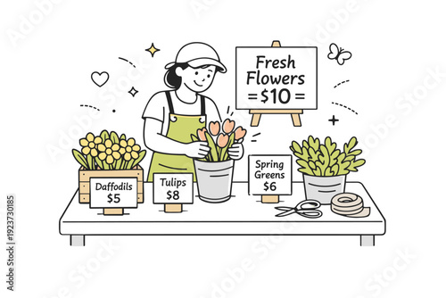 Local florists preparing for spring rush. A vendor arranging fresh flowers and seasonal greenery on a display table, with labels and a simple