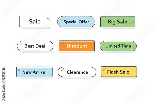 Discount label set. Rectangular and pill-shaped labels with simple text placeholders like ?Sale? or ?Special offer,? arranged in a tidy grid.