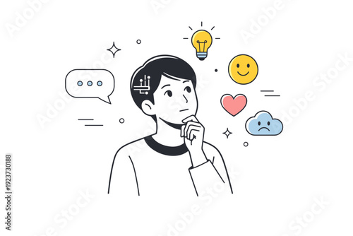 AI-generated people with realistic emotions. A thoughtful AI avatar pausing as if reflecting, soft emotion icons floating nearby. Artificial