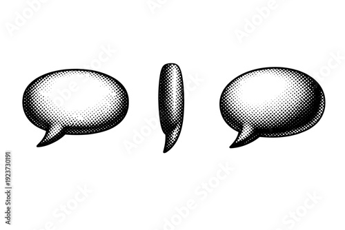 Comic speech bubble shown as a single object presented in three views: front view, side view, and three-quarter view. Black and white dot