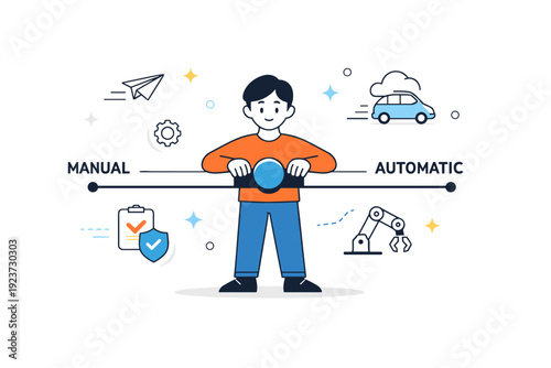 Trust and control in automated systems. A person balances a control slider between manual and automatic modes, with gentle icons floating