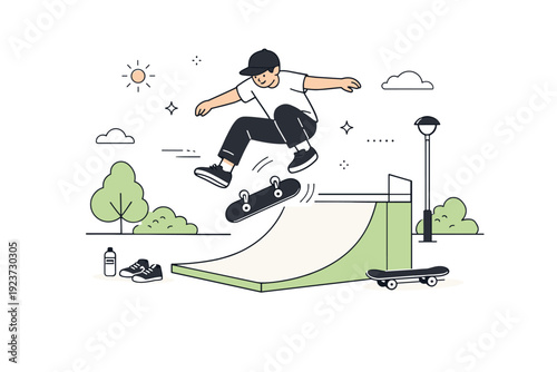 Skatepark leisure illustration. Person practicing kickflips on a quiet park ramp with soft light and minimal background elements, calm and
