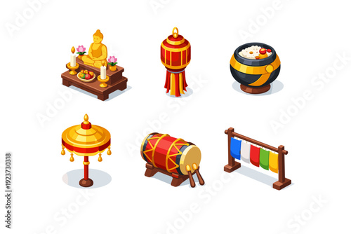 Temple ceremony. Isometric flat vector icons set of temple ceremony: temple altar, hanging lantern, monk alms bowl, ceremonial umbrella,