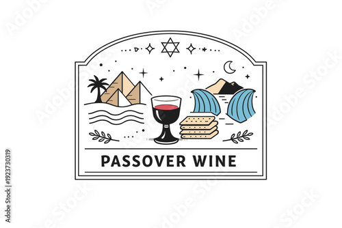 Passover wine label with symbolic illustration. Simple flat scene integrated into the label frame, abstract storytelling through shapes and