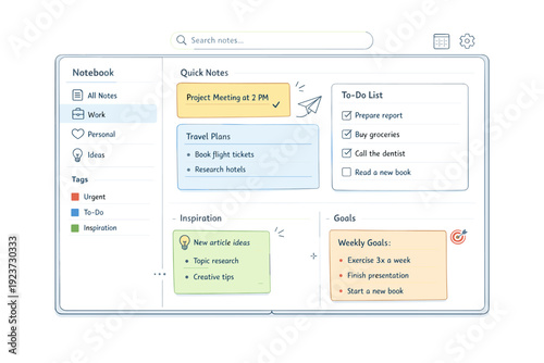 Organized digital notebook illustration. Open notebook interface with categorized notes, tags, and checklist items, presented in a clean