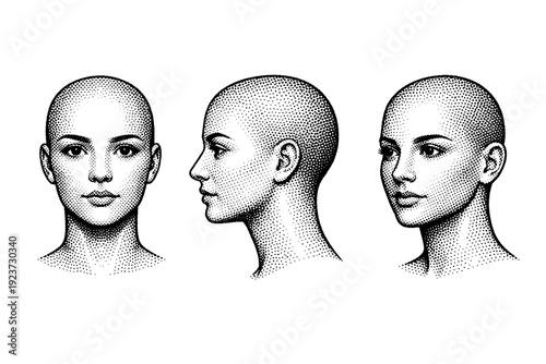 Minimal female portrait avatar. A neutral female portrait head is depicted in three views: front view, side profile view, and three-quarter