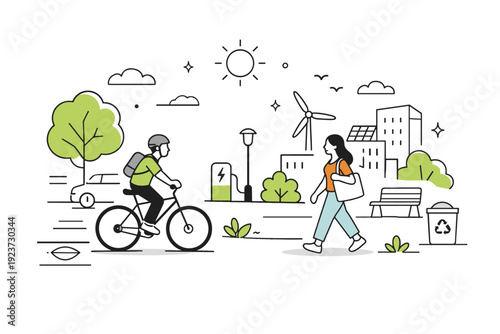 Eco-friendly living. A cyclist and a pedestrian move through a clean city space with trees and minimal traffic. Peaceful urban sustainability