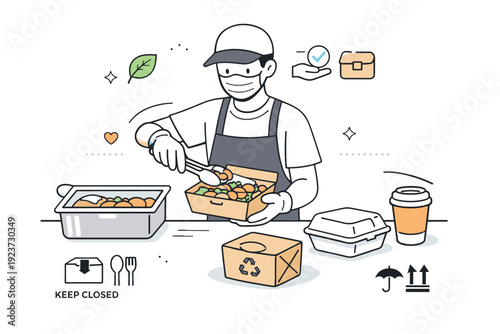 Urban street food packaging hygiene. A vendor placing food into eco-friendly, closed containers using tongs, with soft movement and clarity.