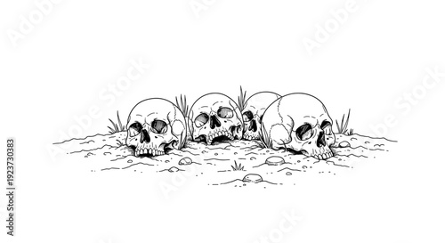 Line art of skulls half-buried in earth surrounded by grass and rocks