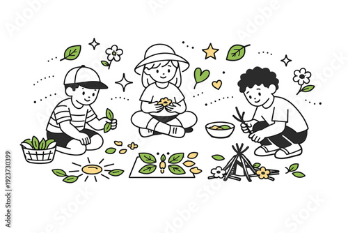 outdoor nature crafts. Children gathering leaves, petals, and twigs to create nature-inspired spring crafts, abstract floating stars and