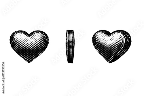 Halftone dotted icon pack heart symbol A heart symbol is illustrated as one object shown from three different views: front view, side