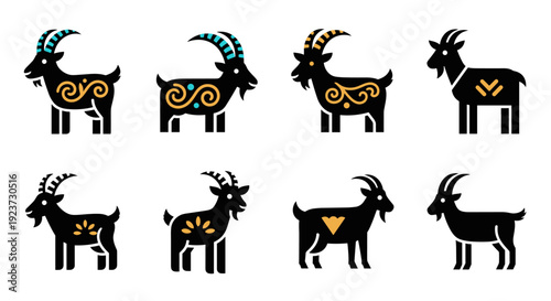 Intricate black goat silhouettes with colorful decorative patterns