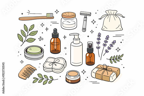 Natural personal care flat lay. Minimal cosmetic items paired with botanical elements and reusable packaging. Calm trustworthy mood suitable for eco lifestyle