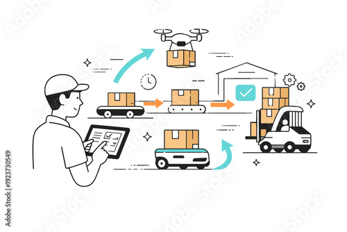 Automated Logistics Control. Automation in logistics. A person using a tablet as automated vehicles and arrows guide packages through an abstract fulfillment