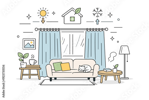 Eco-friendly window insulation. A cozy living room with thermal curtains drawn over large windows, soft visual cues for reduced heating or