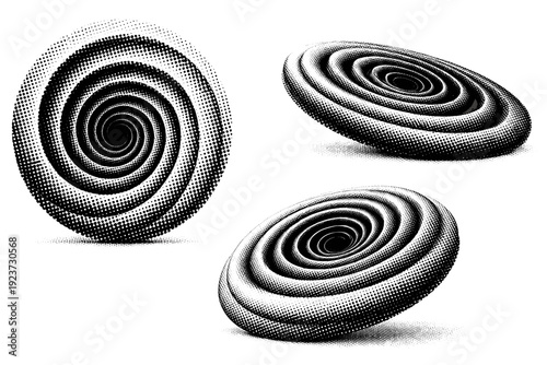Concentric spiral dot pattern object shown in three views including front view, side view, and angled view highlighting layered rotation and