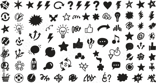 A collection of various black icons and symbols on a white background including stars hearts and punctuation marks