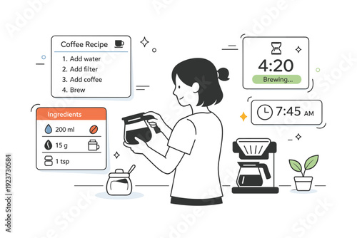 Mixed reality daily life. Person cooking or making coffee while translucent interface panels show recipes and timers nearby. Natural multitasking with digital