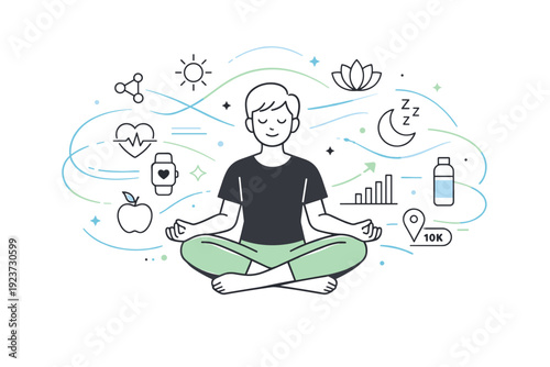 Biohacking aesthetics. Abstract bio-data flow shown as soft lines and symbols around a relaxed figure, visualizing harmony between data, body, and lifestyle.