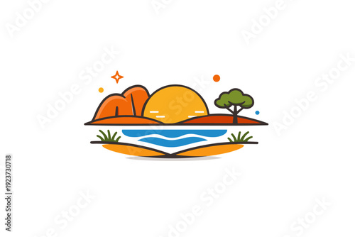 Minimalist Australian Landscape. Australian nature inspired by wide landscapes and unique environment. A simple scene with horizon lines, sun, and organic