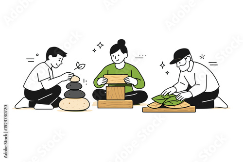 People with tactile textures and natural materials. Characters arranging stones, leaves, and wooden blocks into a calm composition. The scene